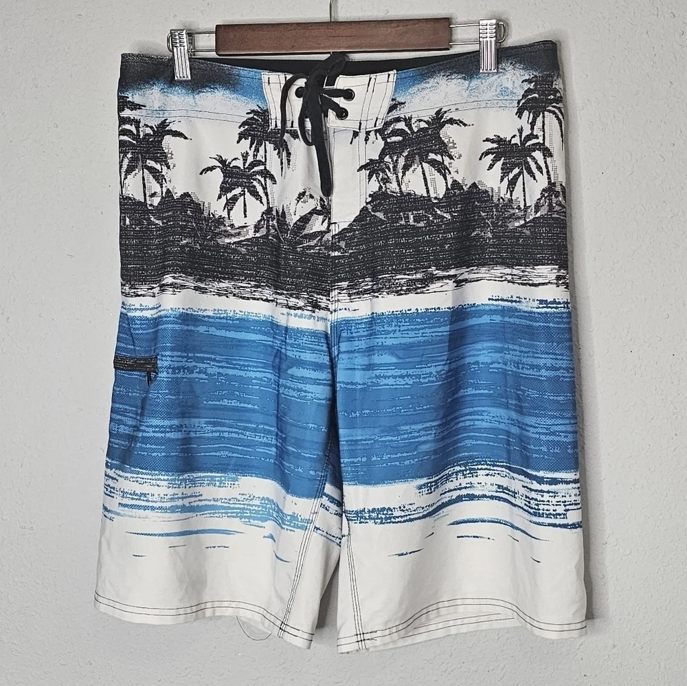Burnside Mens Blue‎ Tropical Palm Tree Board Shorts Swim Trunks Size 34